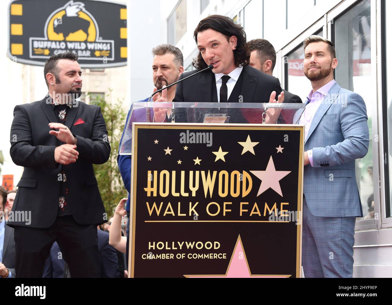 NSYNC, Chris Kirkpatrick, Joey Fatone, JC Chasez, Justin Timberlake and Lance Bass attends the NSYNC walk of fame ceremony held on Hollywood Blvd near LaBrea on April 30, 2018 in Hollywood, CA Stock Photo