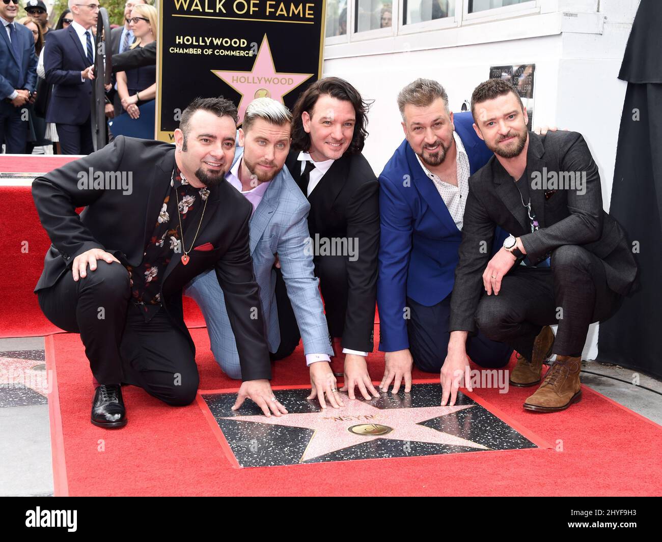 NSYNC, Chris Kirkpatrick, Joey Fatone, JC Chasez, Justin Timberlake and Lance Bass at NSYNC's Hollywood Walk of Fame star ceremony on Hollywood Blvd near LaBrea on April 30, 2018 in Hollywood, CA. Stock Photo