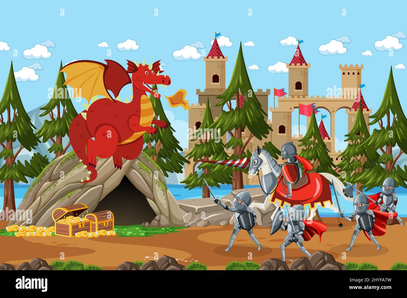 Medieval warriors fighting with ancient dragon illustration Stock ...