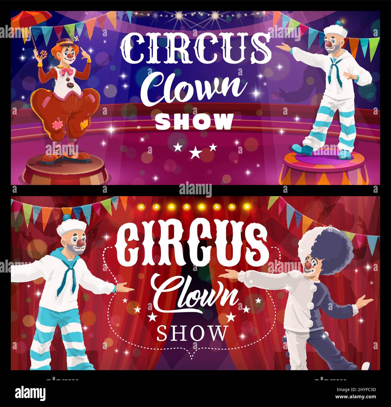 Shapito circus clown cartoon vector characters performing comedy show on stage of amusement park or funfair. Funny jester or comic entertainer with wigs, red noses and umbrella, lights and flags Stock Vector