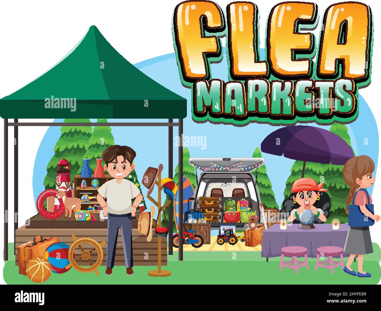 Flea market concept with cartoon character illustration Stock Vector