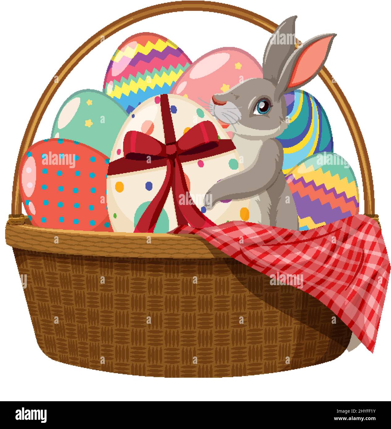 Gray bunny sitting in basket full of eggs illustration Stock Vector ...