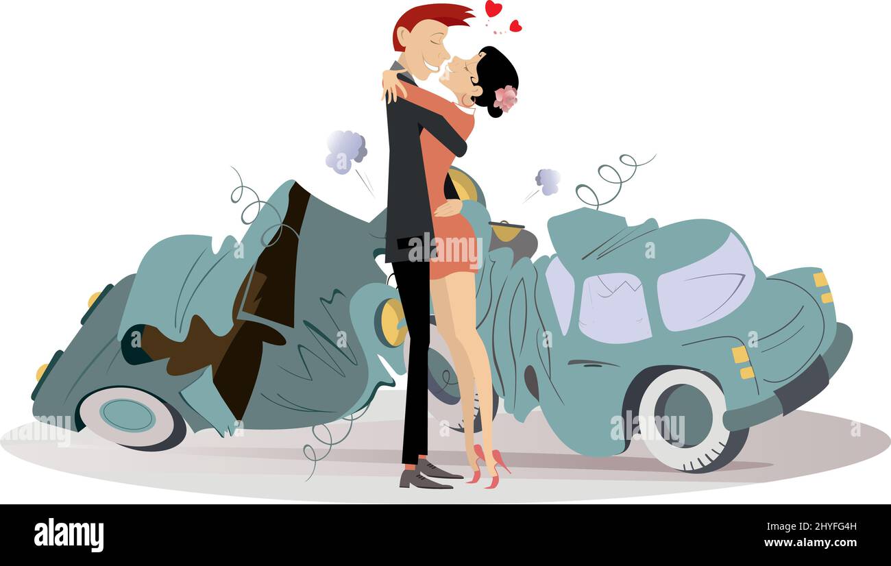 Road accident and kissing love couples illustration.  Man and woman fall into the road accident and find love Stock Vector