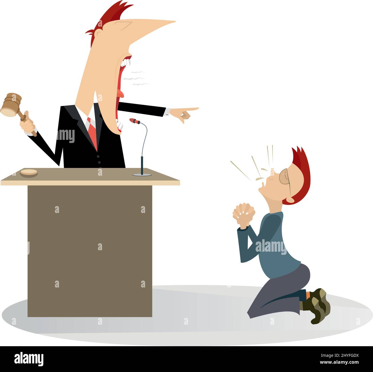 Judge court, judge and convicted person illustration. Angry judge announces the sentence to a kneeling offender isolated on white background Stock Vector