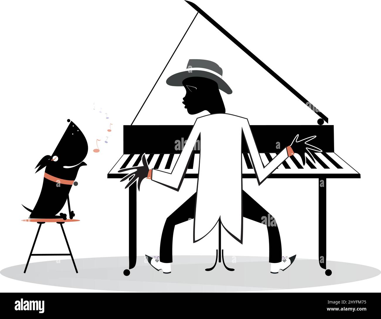 Pianist, piano and a howling dog illustration. African pianist plays piano and the dog howls isolated on white background Stock Vector