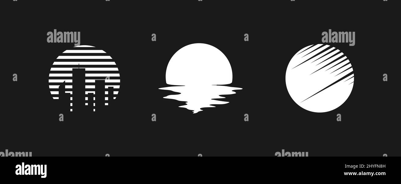 Set of retrowave design elements, sunsets. Sun with big city skyscrapers silhouette, liquid reflection and diagonal stripes. Pack of retrowave 1980s Stock Vector