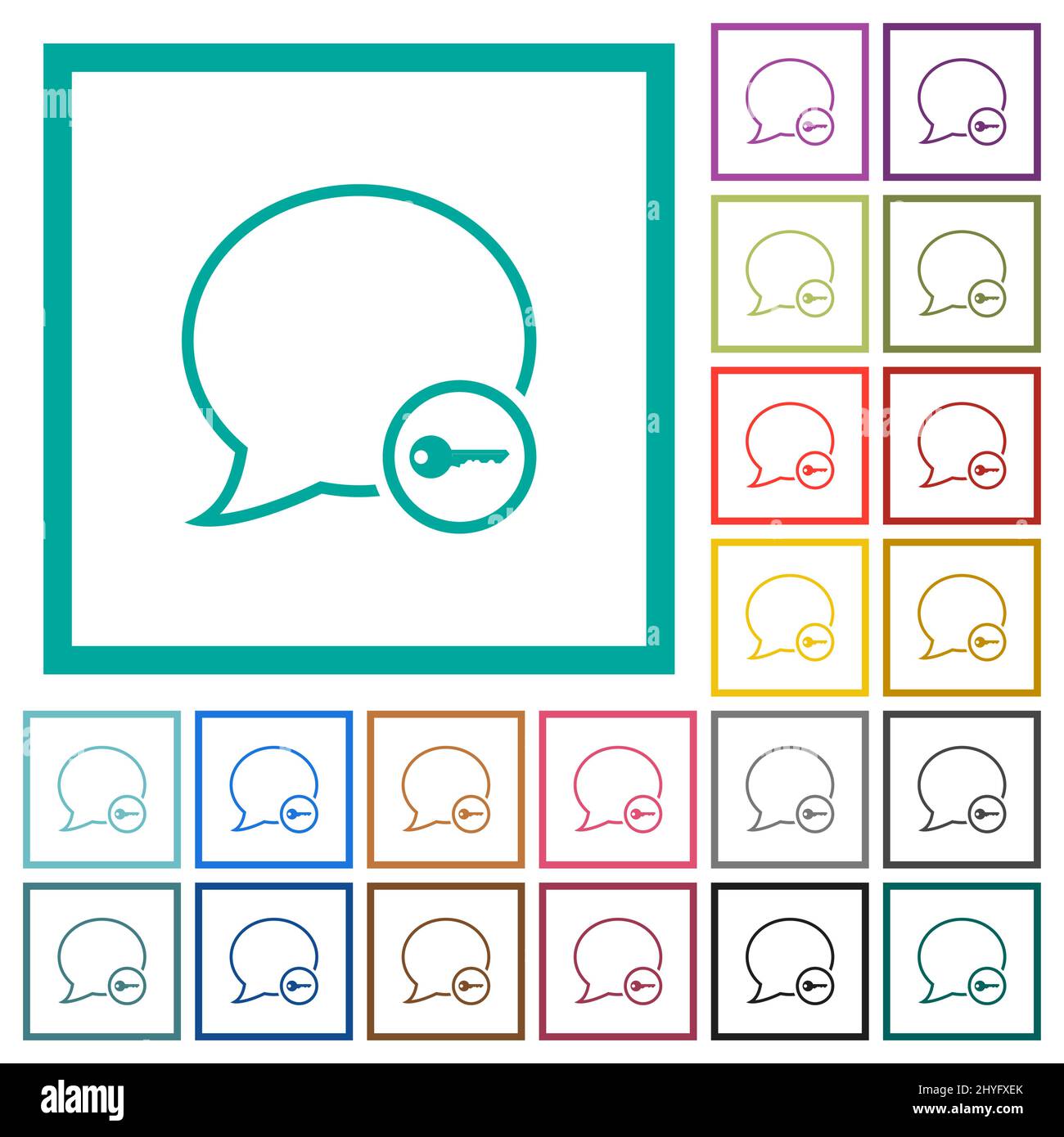 Message secure outline flat color icons with quadrant frames on white background Stock Vector