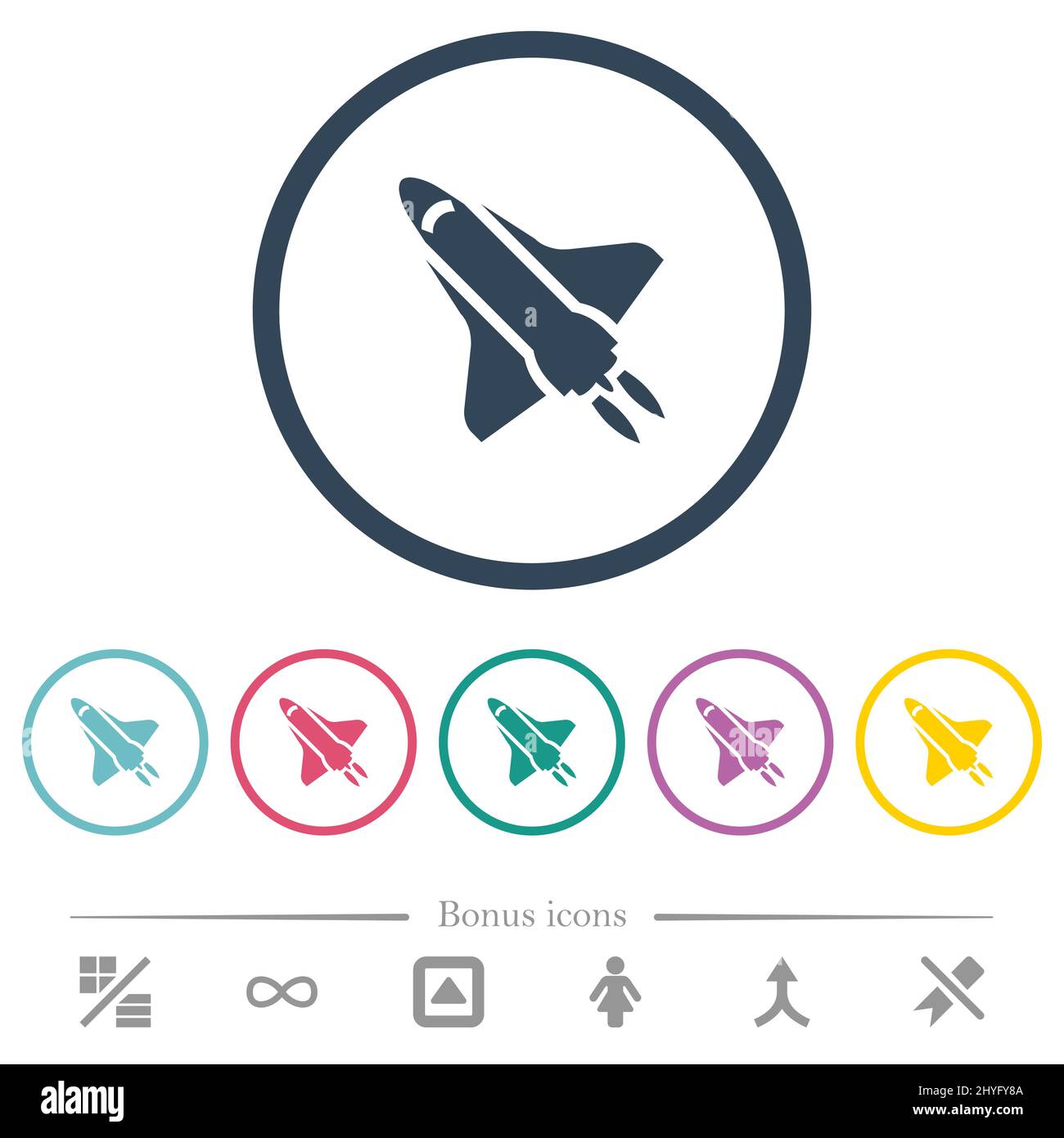 Space shuttle with propulsion flat color icons in round outlines. 6 ...