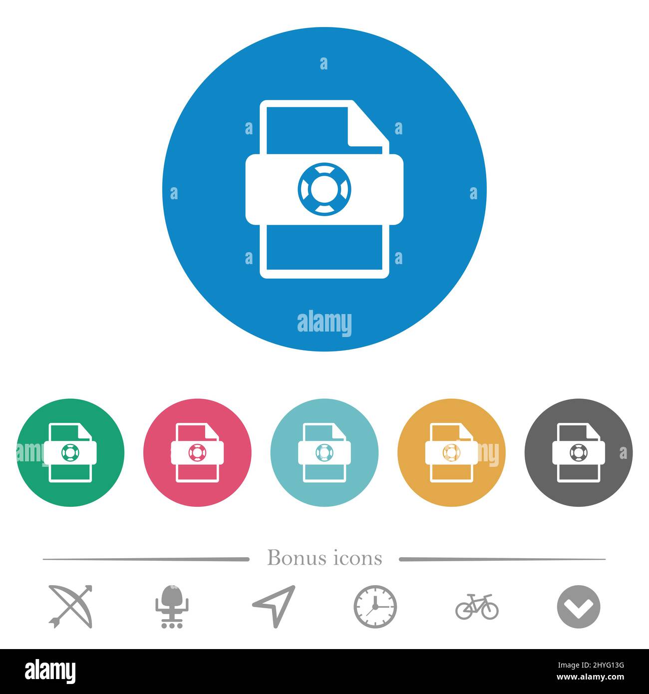 Help file type flat white icons on round color backgrounds. 6 bonus ...