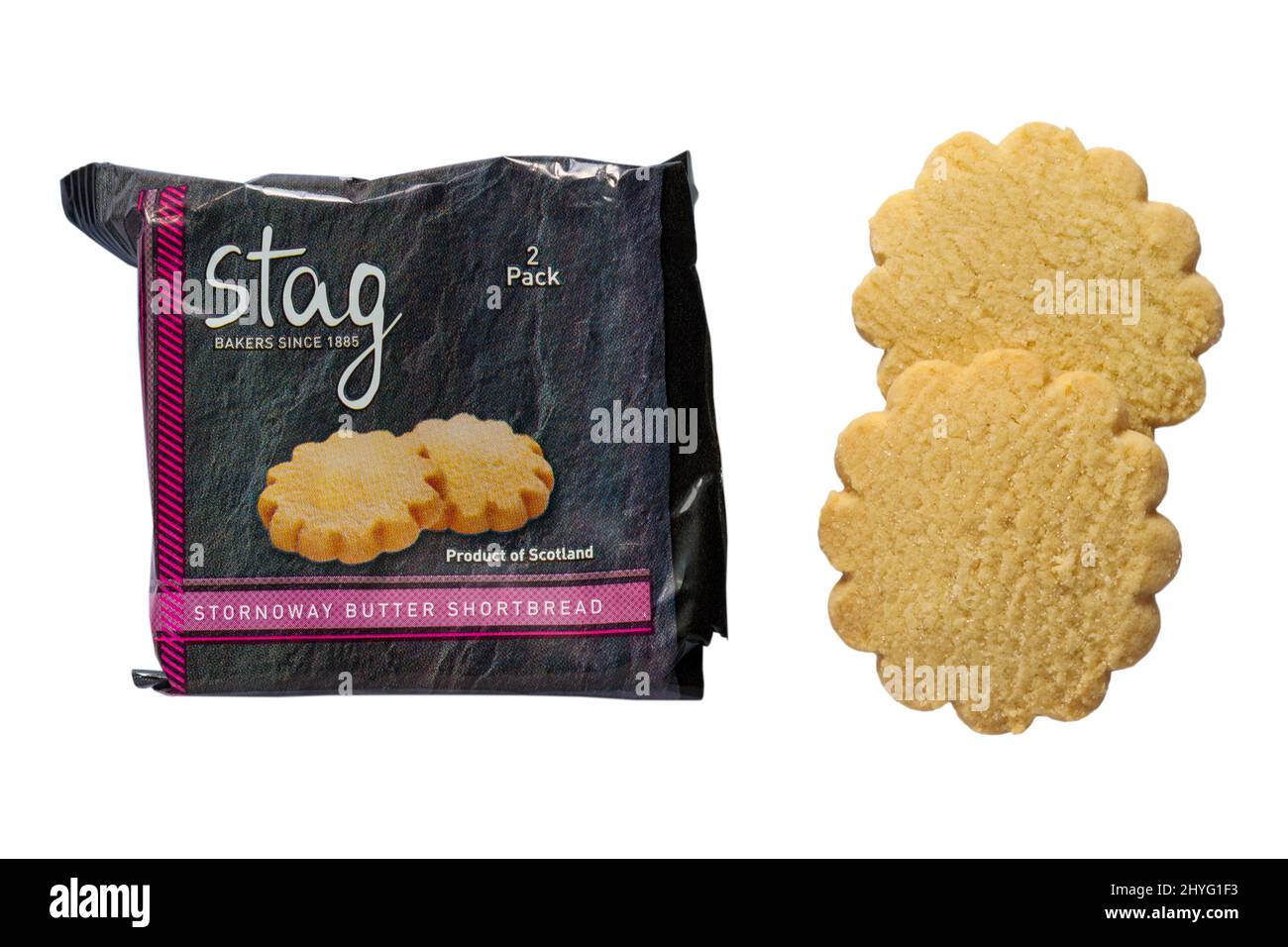 Packet of Stag Stornoway Butter Shortbread product of Scotland opened with contents removed isolated on white background Stock Photo