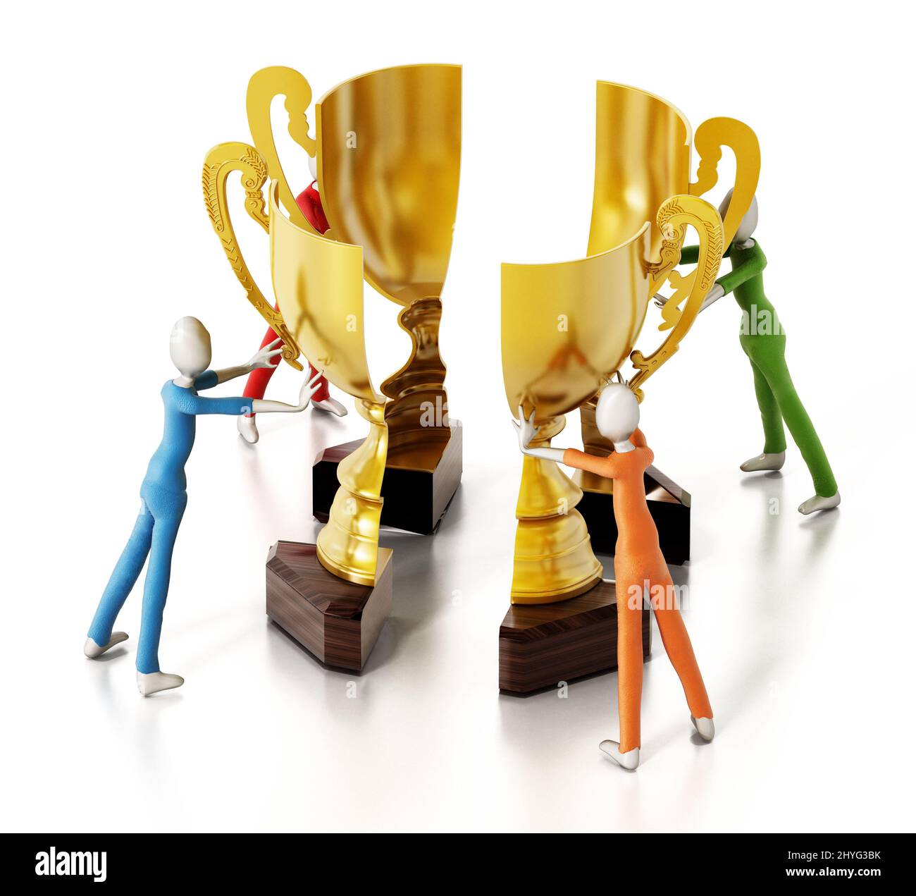 Four 3D figures bring together parts of the golden cup. 3D illustration. Stock Photo