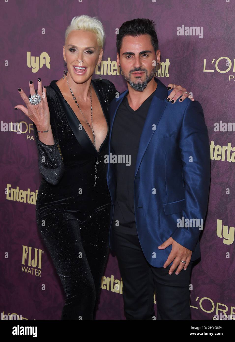 Brigitte Nielsen and Mattia Dessi attending to the Entertainment Weekly Pre-Emmy Party 2018 at Sunset Tower Hotel on September 15 Stock Photo
