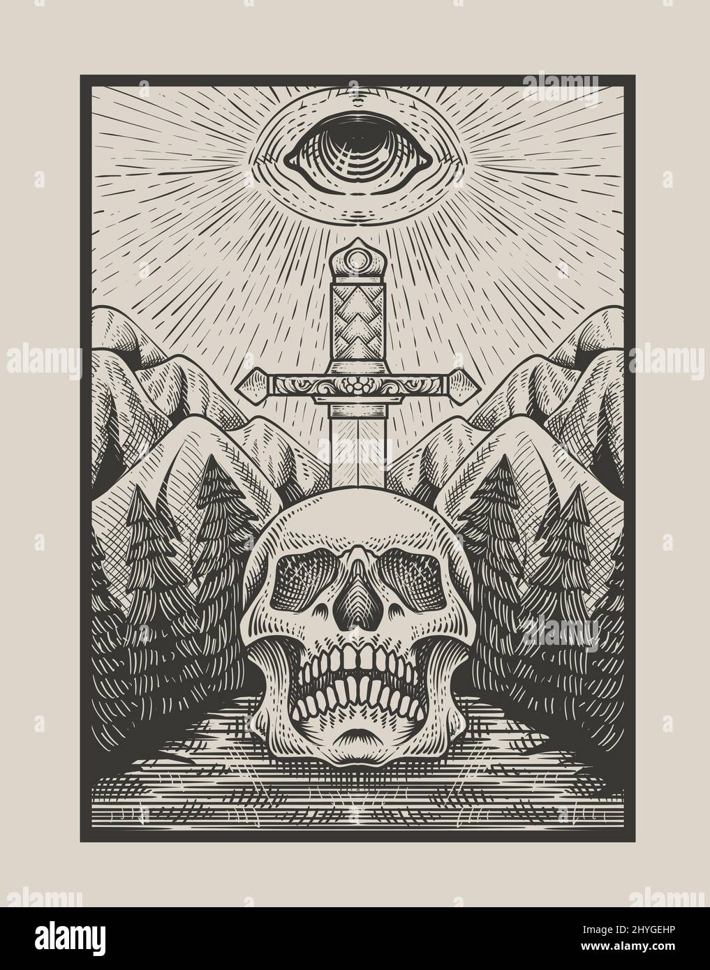 illustration antique skull sword with dark eyes engraving style Stock ...