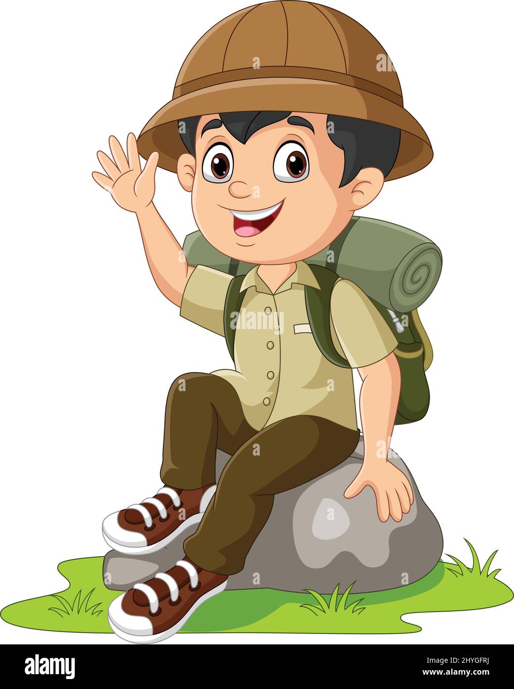 Cartoon boy scout sit on the rock waving hand Stock Vector