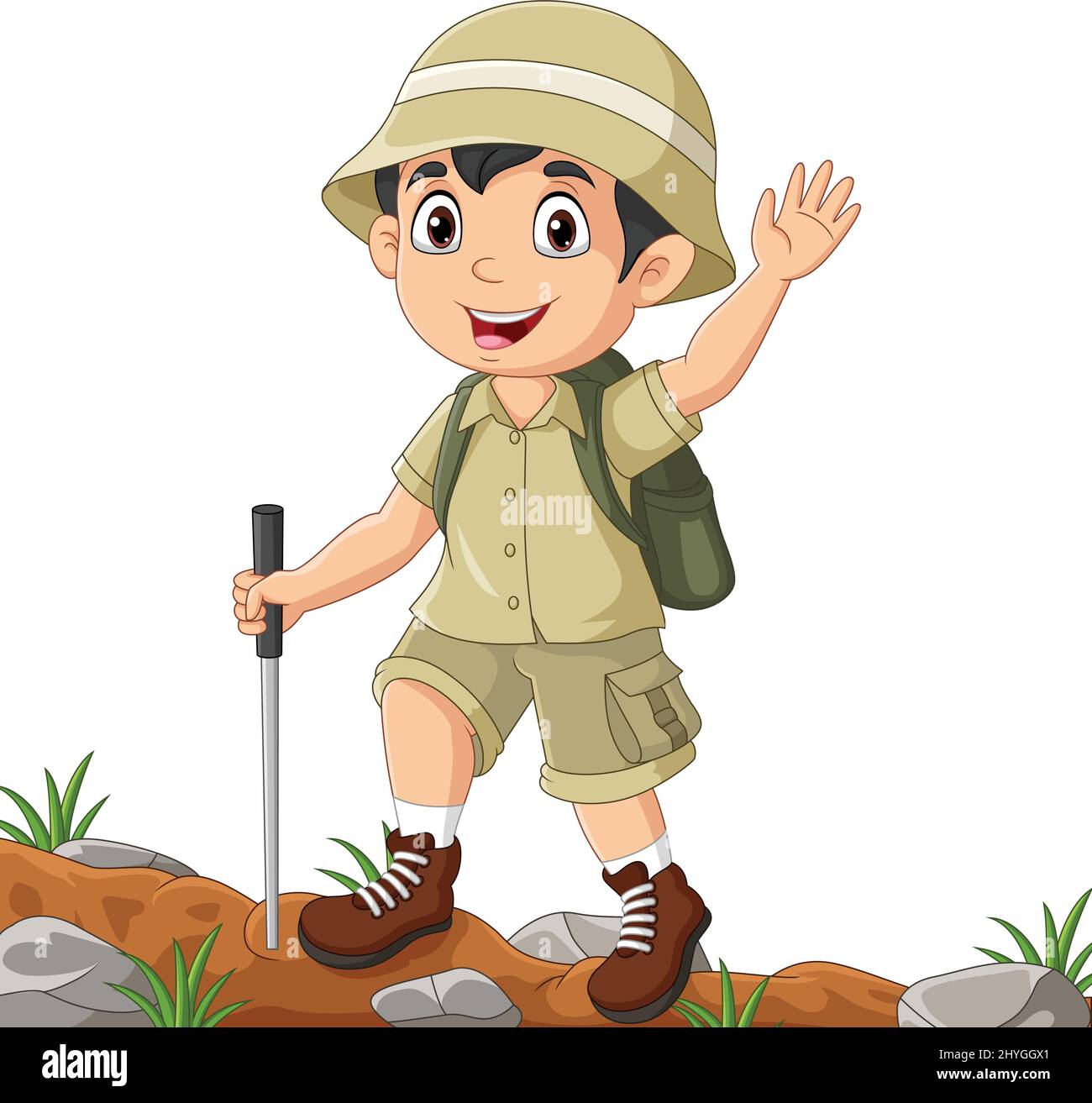 Cartoon funny boy scout waving hand Stock Vector