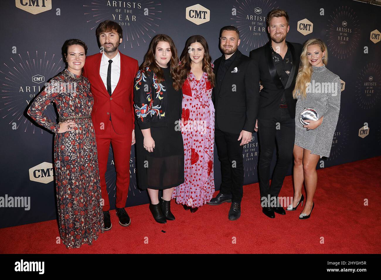 Dave Haywood and Hillary Scott and Charles Kelley of Lady Antebellum and spouses Chris Tyrell and Cassie McConnell and Kelli Cashiola attending the CMT Artists of the Year 2018 in Nashville, Tennessee, USA Stock Photo
