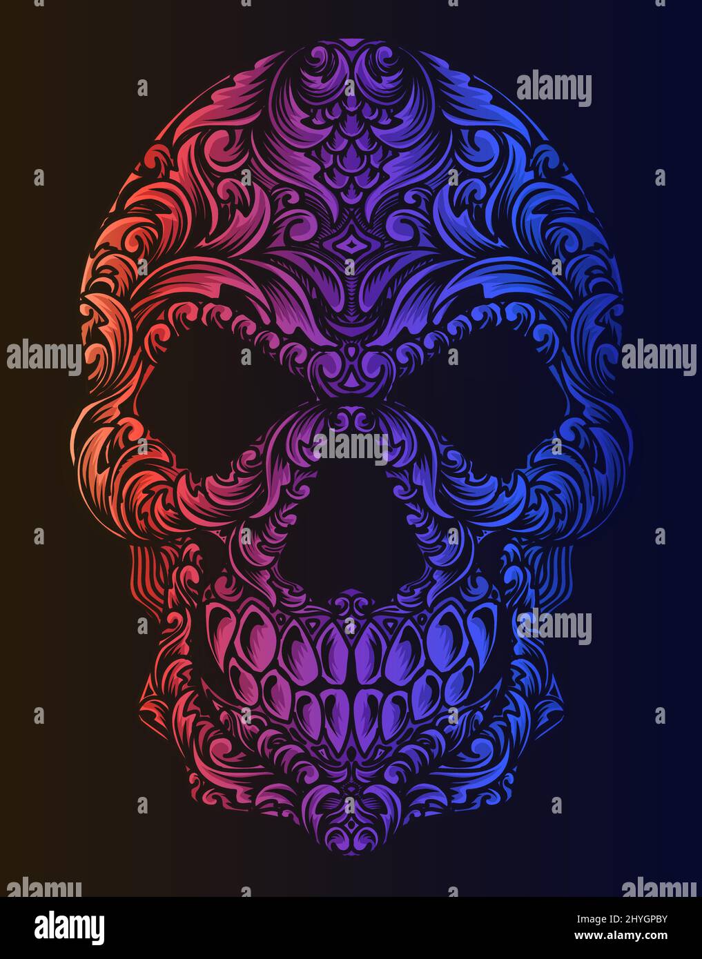 illustration skull head engraving ornament style with neon color Stock ...