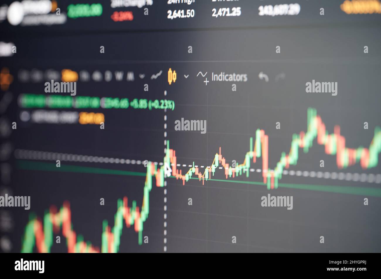 New york, USA - January 31 2022: Chart with indicators of exchange price on laptop screen close up view Stock Photo