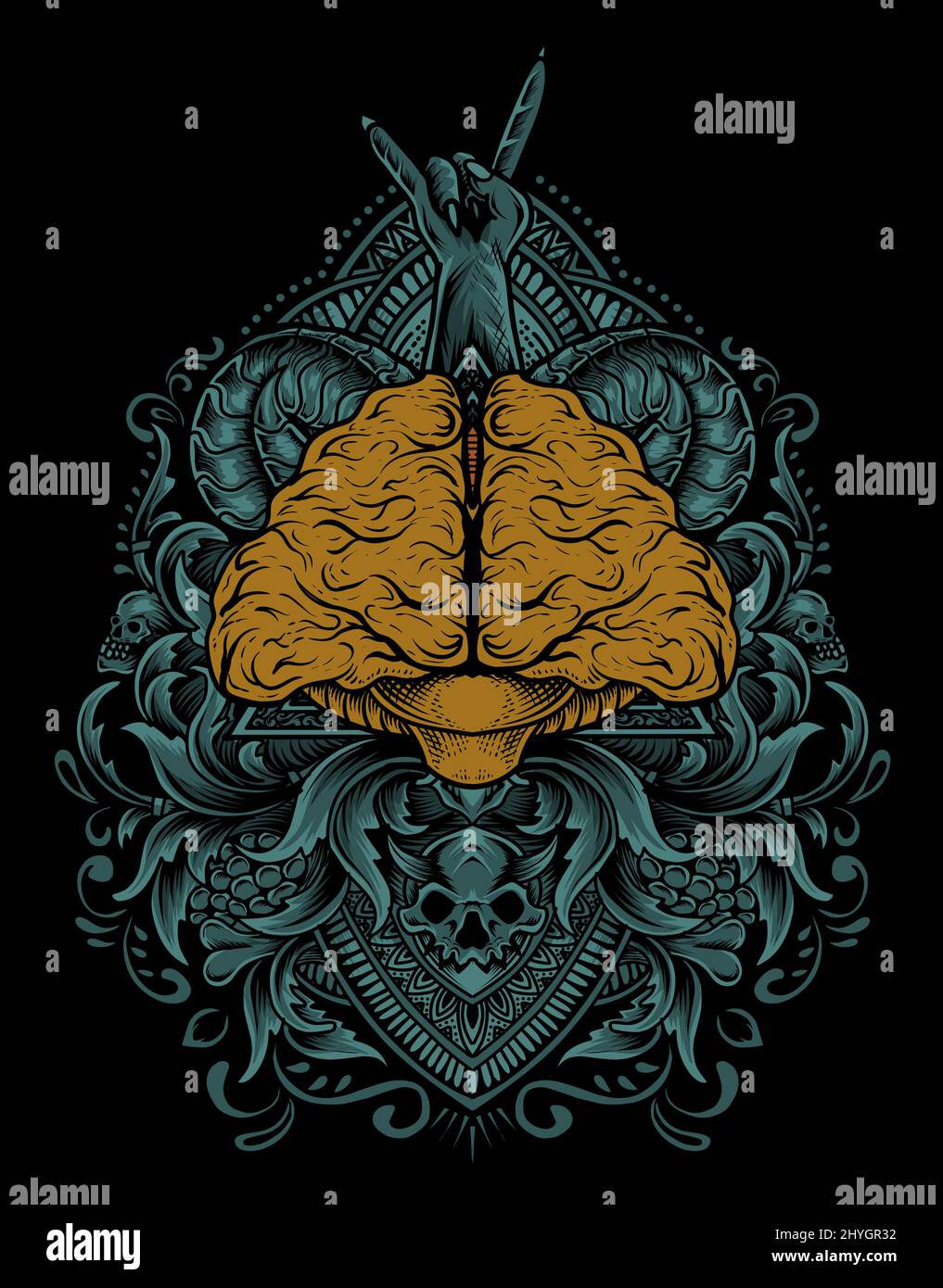 illustration antique brain with engraving style Stock Vector Image ...