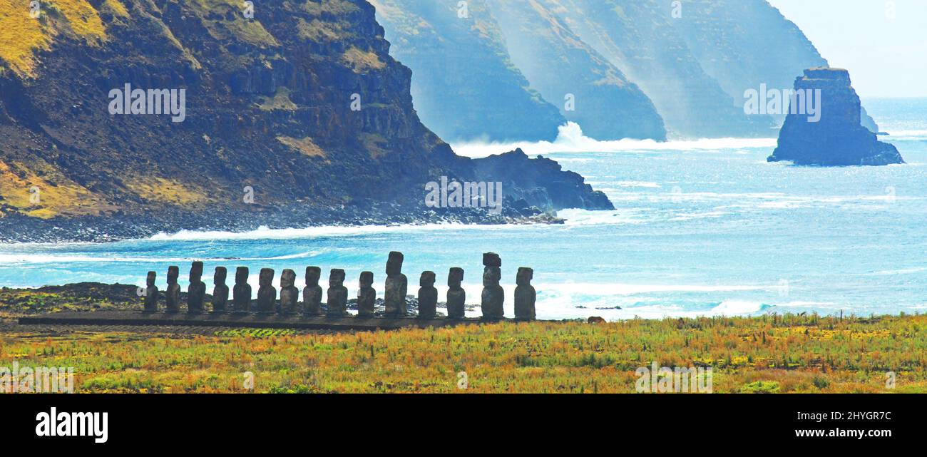 Moais at Ahu Tongariki. located in Hanga Nui, on the southeast coast of Easter Island, Chile Stock Photo