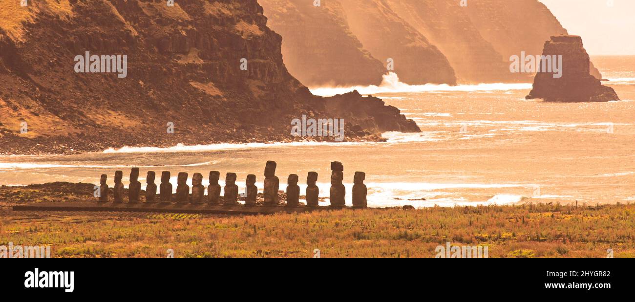 Moais at Ahu Tongariki. located in Hanga Nui, on the southeast coast of Easter Island, Chile Stock Photo