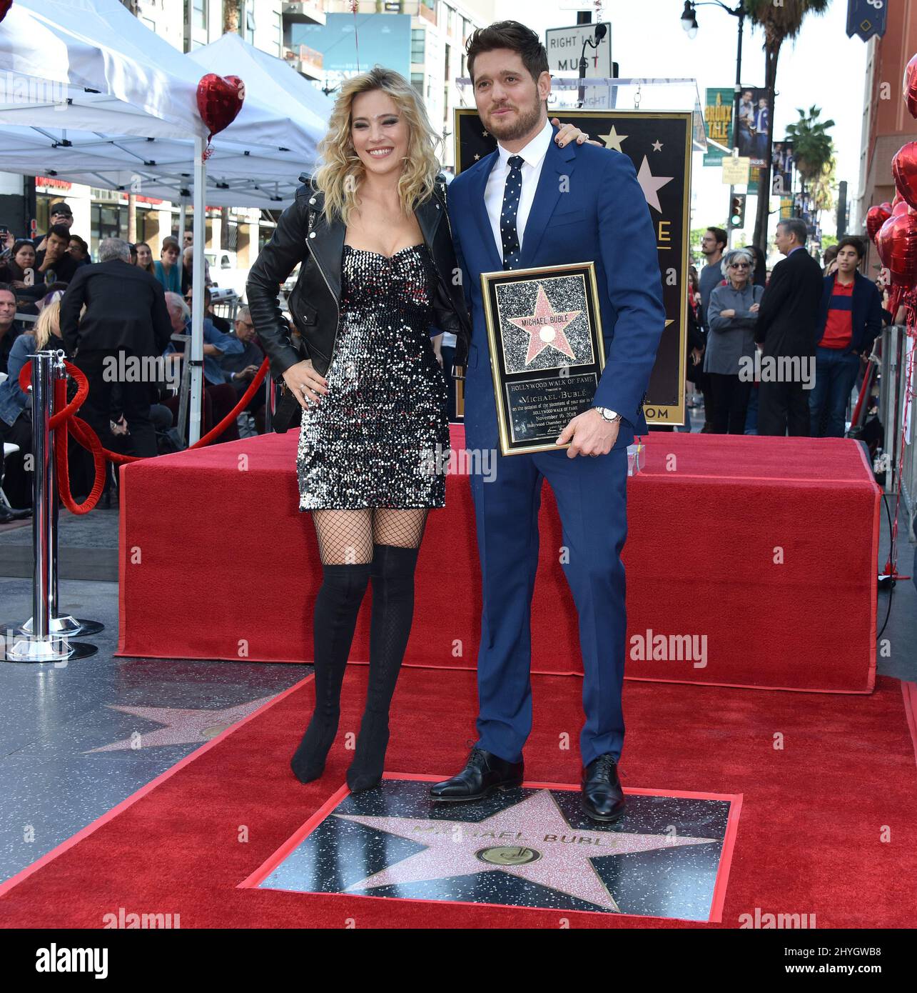 Michael Buble and wife Luisana Lopilato at Michael Buble's Hollywood Walk of Fame Star Ceremony held in front of W Hotel on November 16 Stock Photo