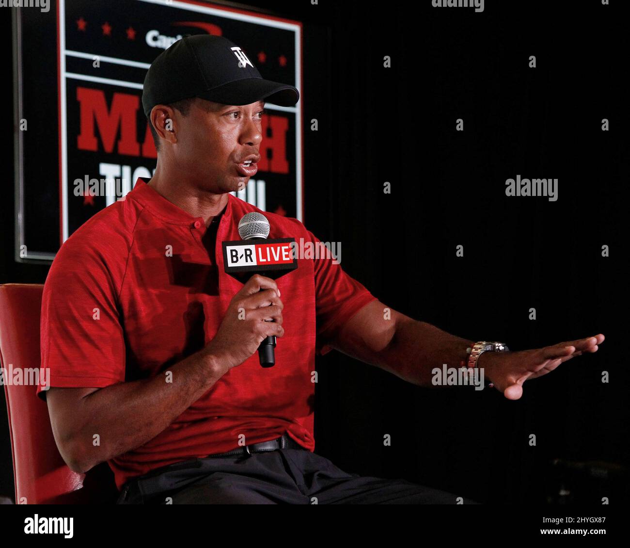 Tiger Woods during a press conference before 'The Match' at Shadow Creek Golf Course, in Las Vegas, Nevada Stock Photo