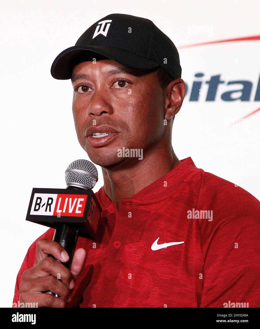Tiger Woods during a press conference before The Match at Shadow Creek Golf Course, in Las Vegas, Nevada Stock Photo