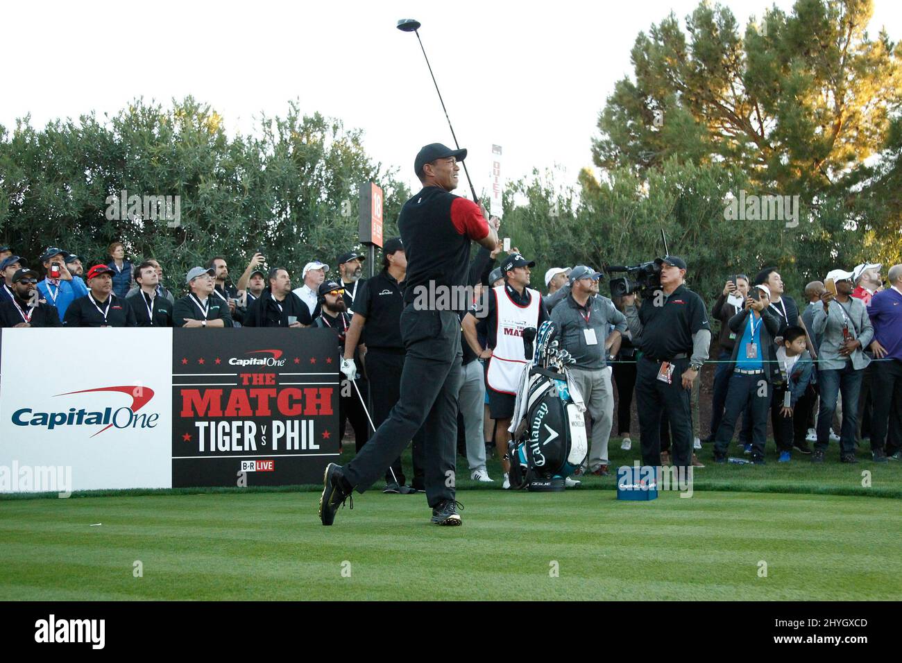 Tiger Woods at Capital One's 'The Match': Tiger Woods VS Phil Mickelson at Shadow Creek Golf Course in Las Vegas, USA. Stock Photo