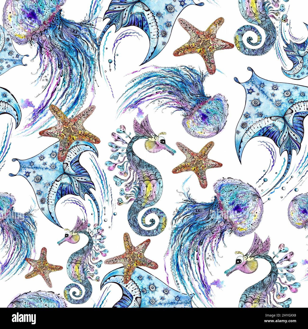 Nautical underwater texture with manta ray, starfish, jellyfish and ...