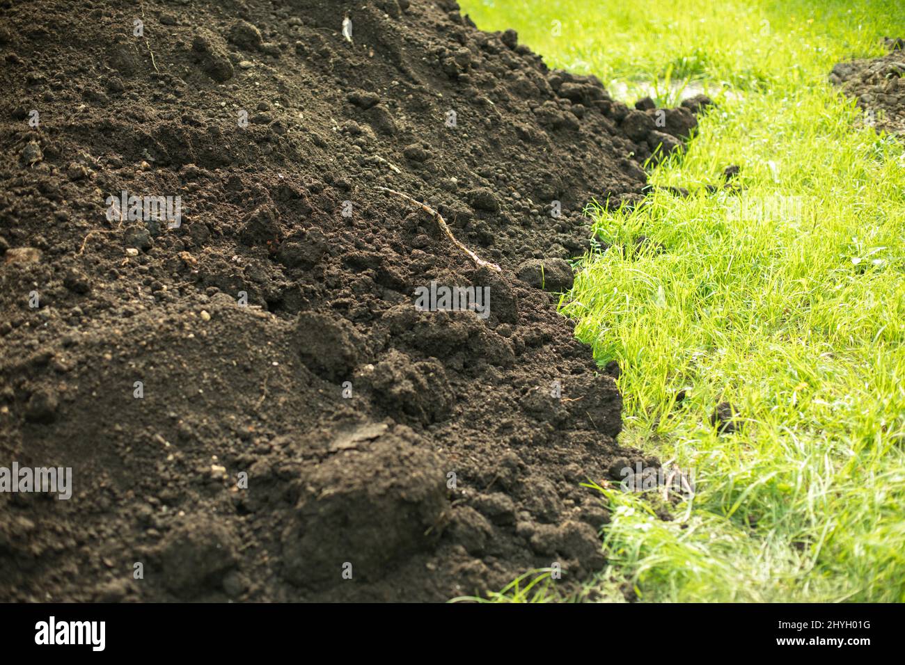 Soil on green grass. Land for planting. Black earth with trace elements