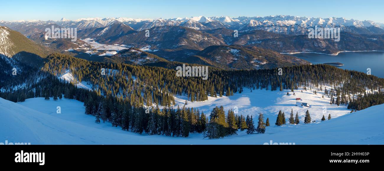 View towards lake Walchensee and the Karwendel mountain range. View from  Mt. Jochberg near lake Walchensee during winter in the Bavarian Alps.  Germany Stock Photo - Alamy