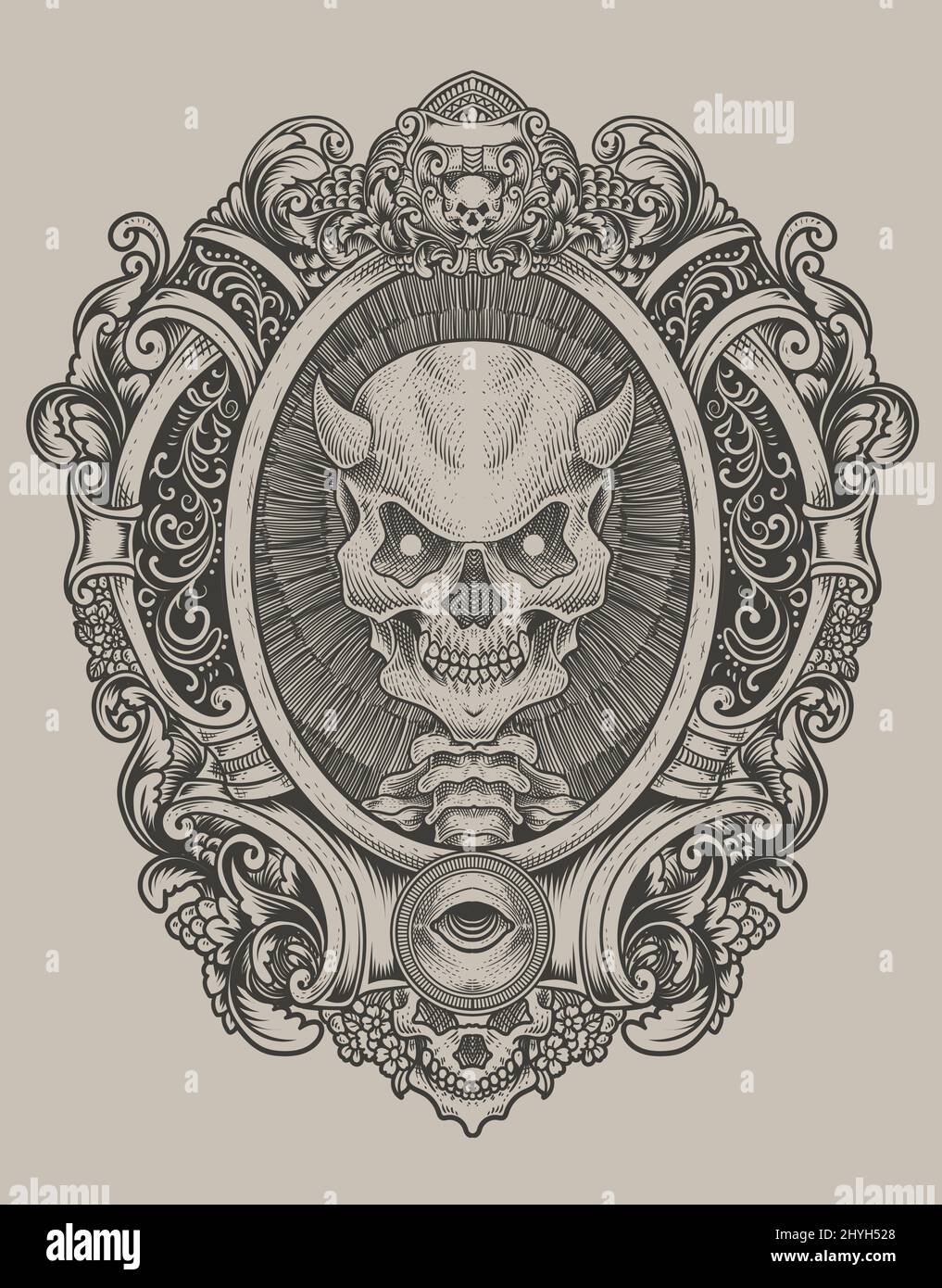 illustration demon skull with engraving ornament style Stock Vector ...