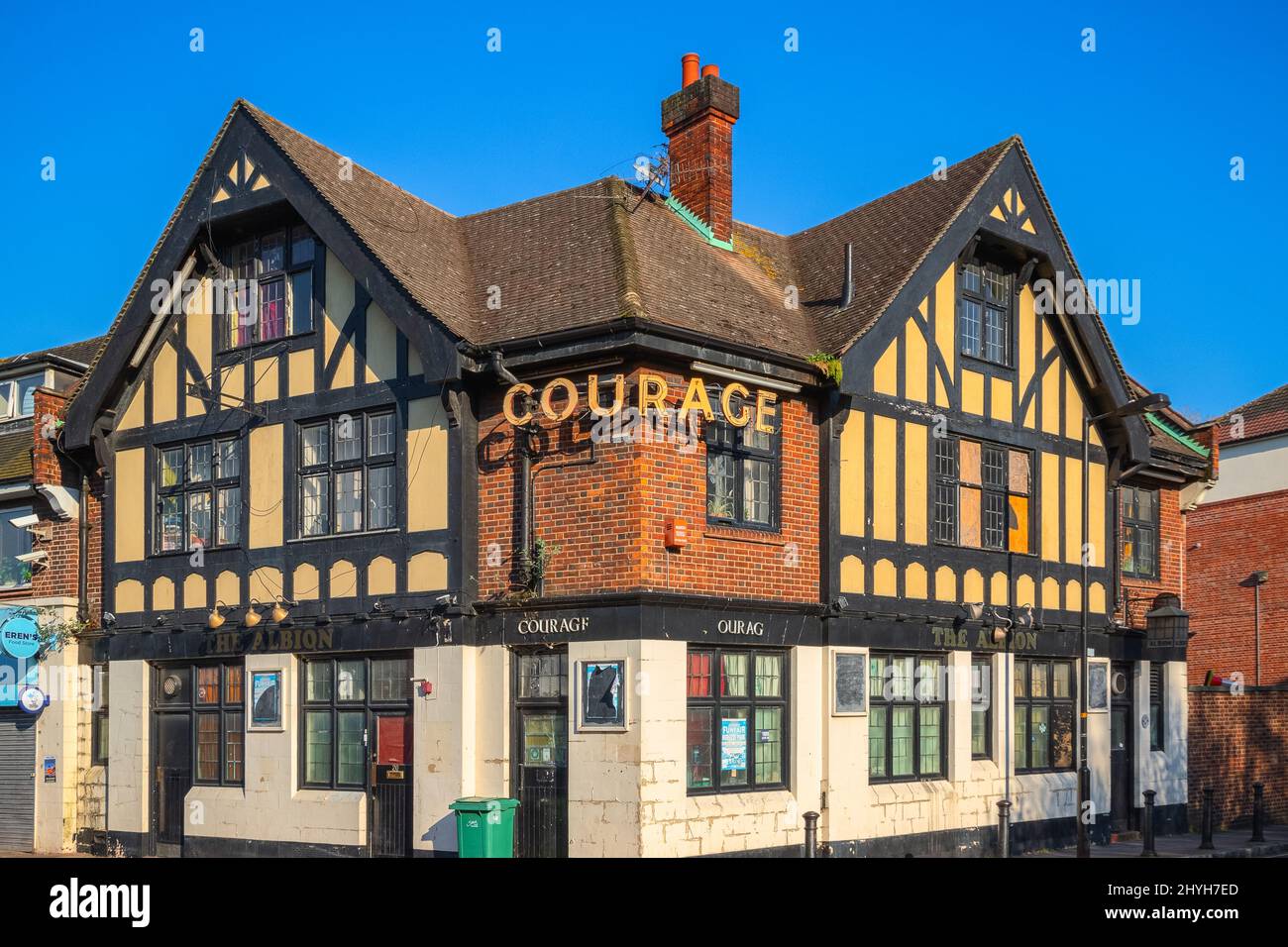London, UK - April 19, 2021 - The exterior of an English pub in mock Tudor style around Canada Water Stock Photo