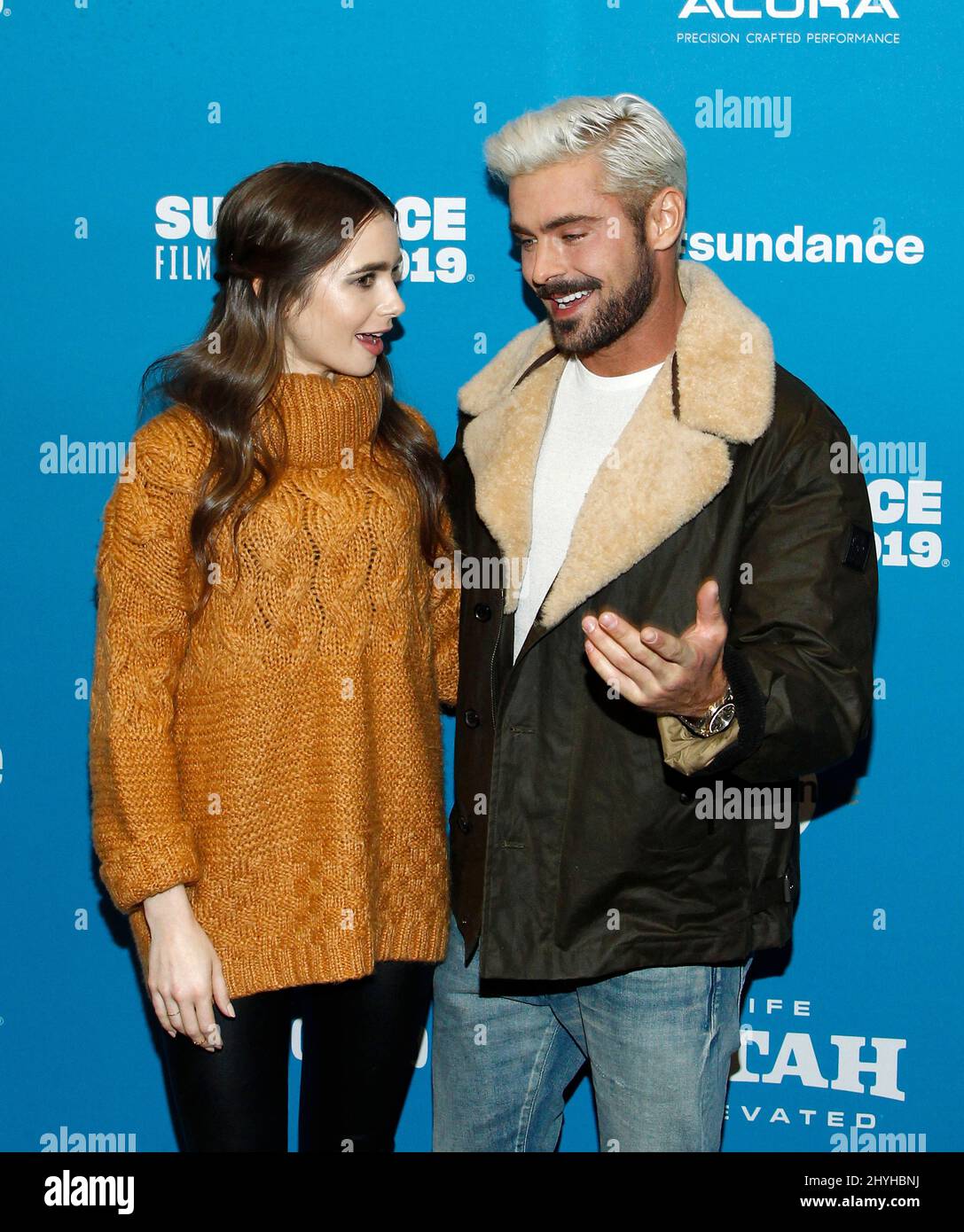 Lily Collins and Zac Efron at the premiere of 'Extremely Wicked, Shockingly Evil And Vile' during the 2019 Sundance Film Festival held at the Eccles Theatre on January 26, 2019 in Park City, UT. Stock Photo