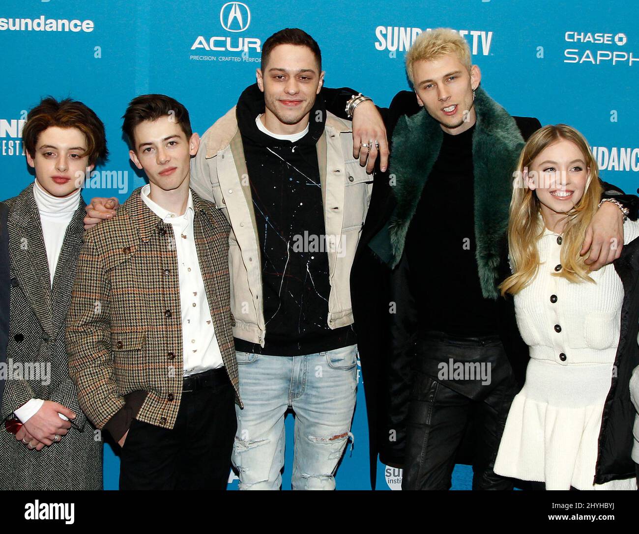 Thomas Barbusca, Griffin Gluck, Pete Davidson, Machine Gun Kelly and Sydney Sweeney at the premiere of 'Big Time Adolescence' during the 2019 Sundance Film Festival Stock Photo