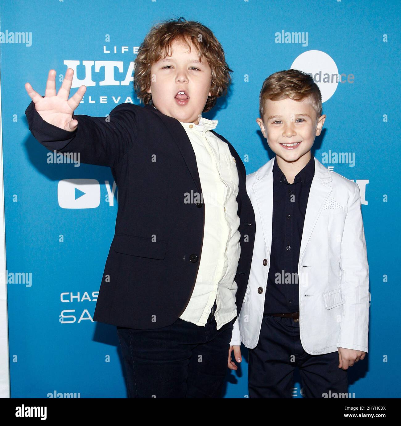 Charlie Whitley (left) and Diesel La Torraca at the premiere of 'Little Monsters' during the 2019 Sundance Film Festival Stock Photo