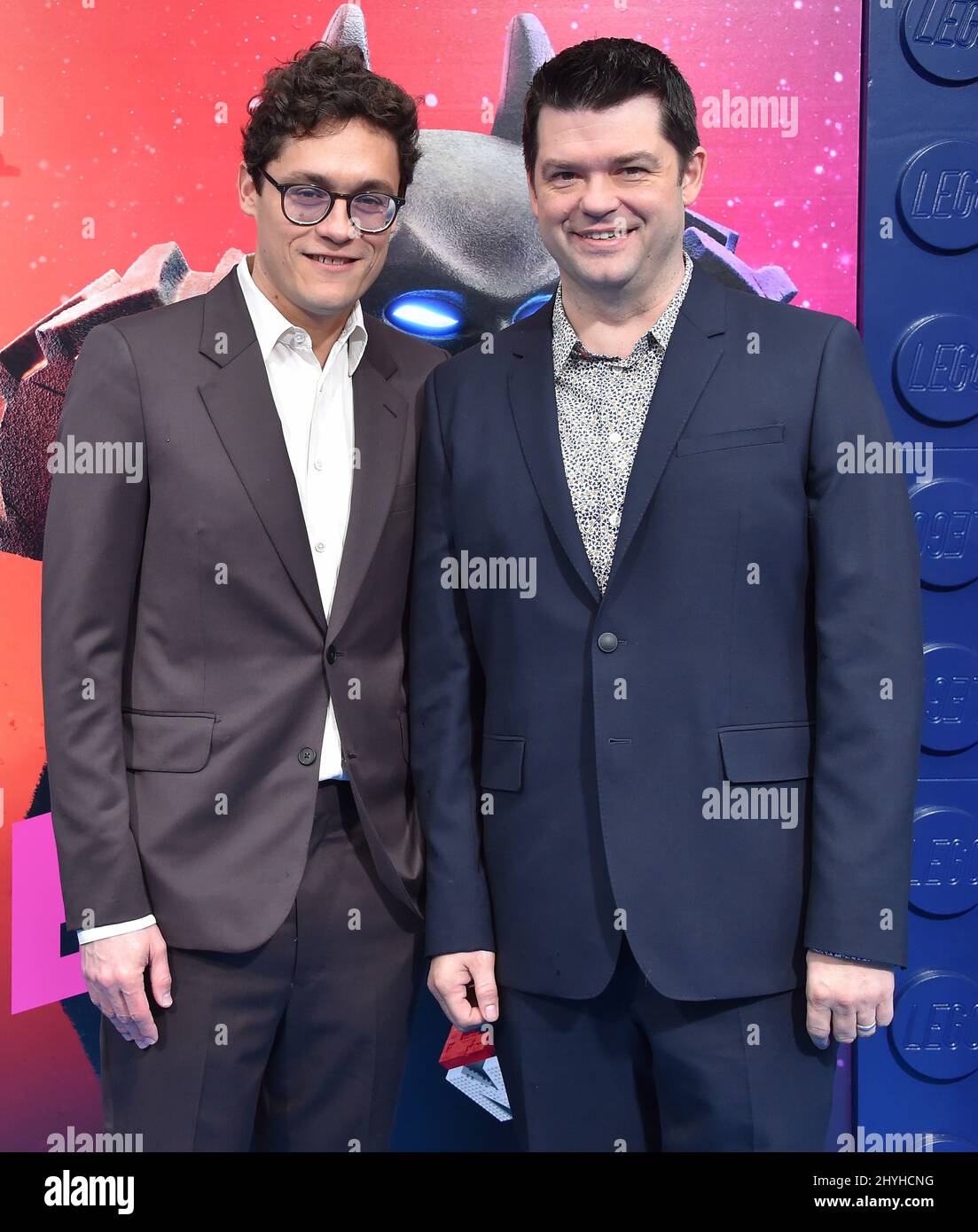 Phil Lord and Christopher Miller arriving to the 'The LEGO Movie 2: The Second Part' World Premiere at Village Theatre Stock Photo