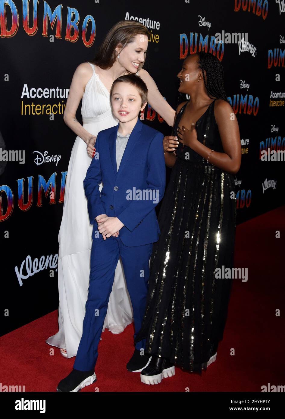 Angelina Jolie, Zahara Jolie-Pitt and Knox Jolie-Pitt arriving for Disney's premiere of 'Dumbo' held at the El Capitan Theatre on March 11, 2019 in Hollywood, Los Angeles. Stock Photo
