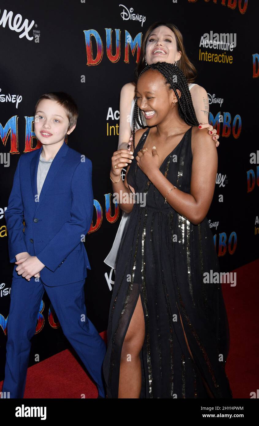 Angelina Jolie, Zahara Jolie-Pitt and Knox Jolie-Pitt arriving for Disney's premiere of 'Dumbo' held at the El Capitan Theatre on March 11, 2019 in Hollywood, Los Angeles. Stock Photo