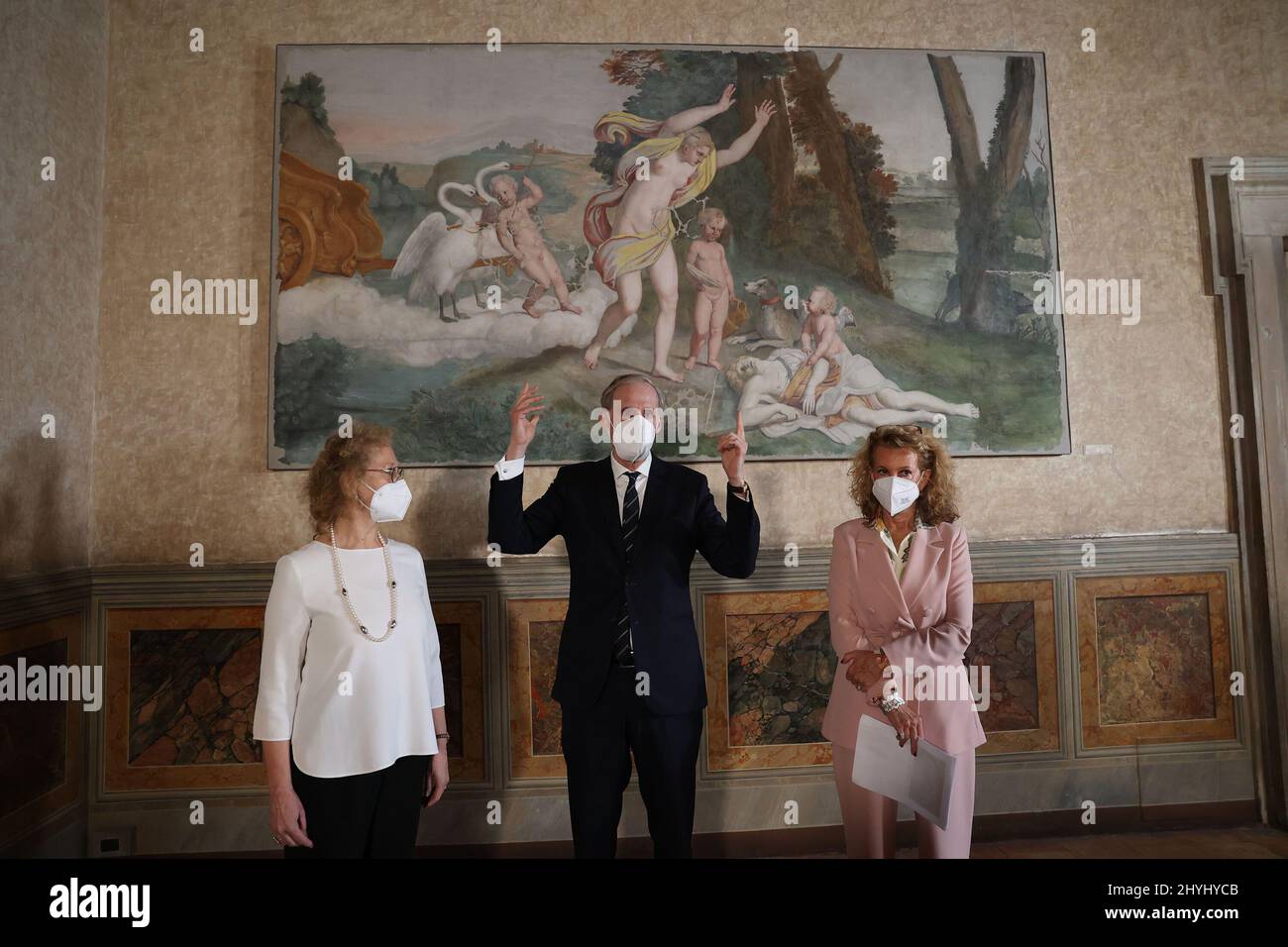 Rome, Italy. 14th Mar, 2022. ** NO WEB AND NEWSPAPERS ONLY FOR ITALY ** Rome, The fresco Death of Adone del Domenichino returns to Palazzo Farnese In the photo Alessandra Marino, Director, Central Institute for Restoration Christian Masset, Ambassador of France to Italy Daniela Porro, Superintendent, Special Superintendence of Archeology, Fine Arts and Landscape of Rome Credit: Independent Photo Agency/Alamy Live News Stock Photo