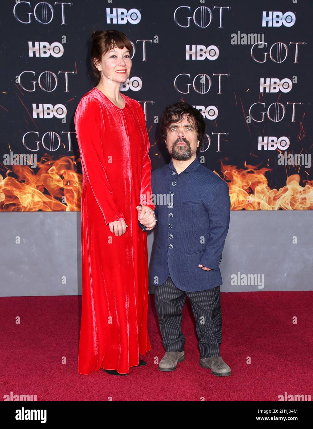 Peter Dinklage and wife Erica Schmidt attending the 'Game of Thrones' Final Season World Premiere held at Radio City Music Hall on April 3, 2019 in New York City. Stock Photo