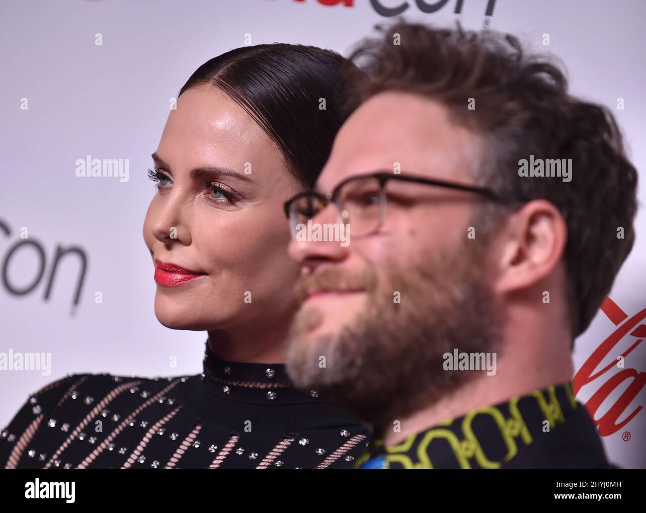 Charlize Theron and Seth Rogen arriving to the Big Screen Achievement Awards during CinemaCon 2019 at Caesars Palace on April 04, 2019 in Las Vegas. Stock Photo