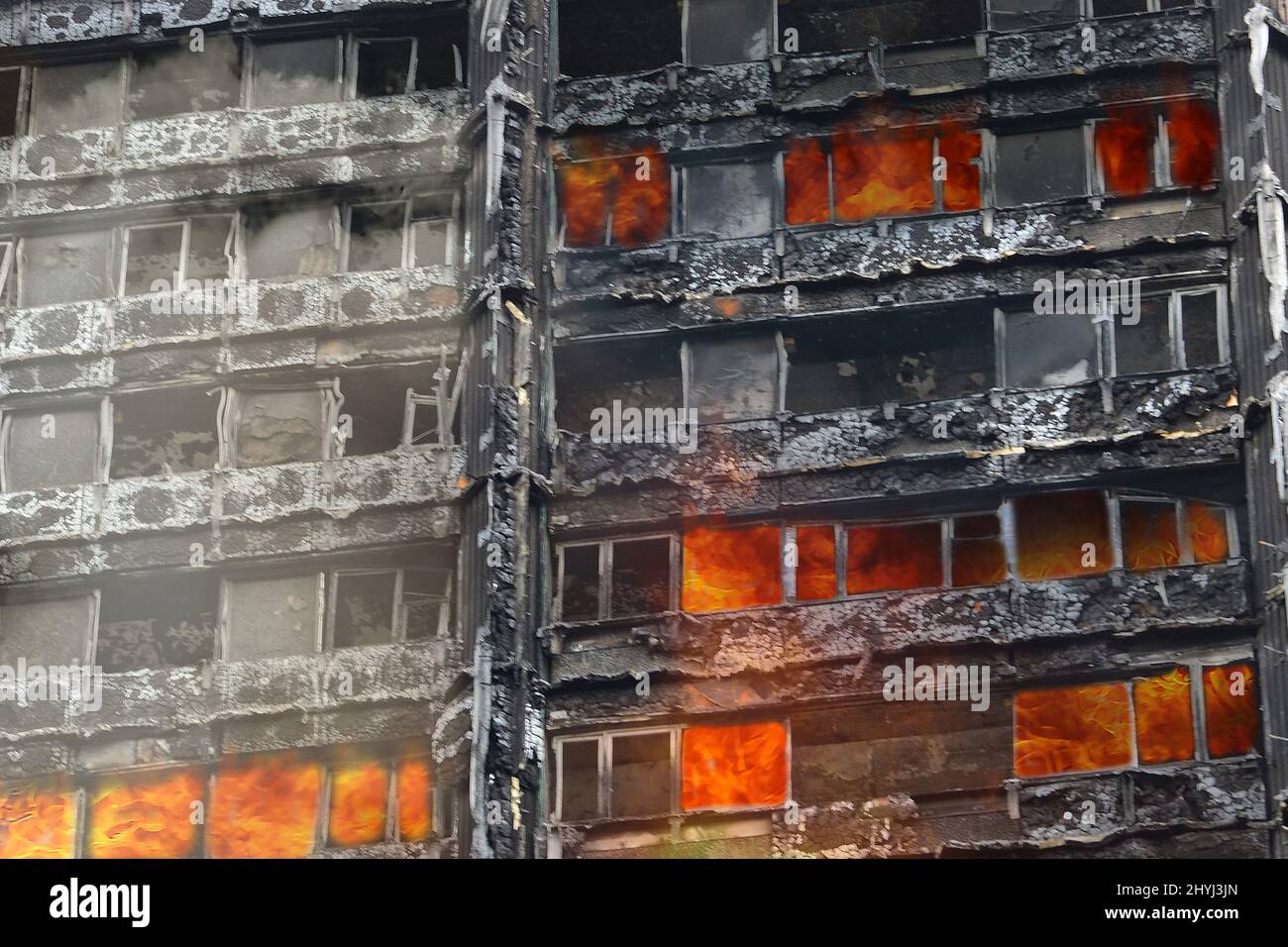 Ukraine city in flames, apartments destroyed by cruise missile attack, Ukraine war, Russian war crime Stock Photo