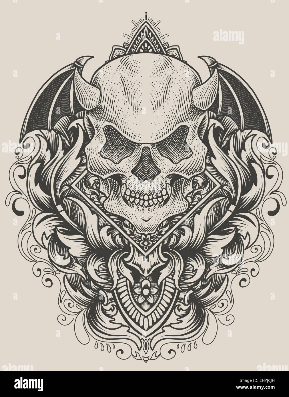 illustration demon skull with engraving ornament style Stock Vector ...