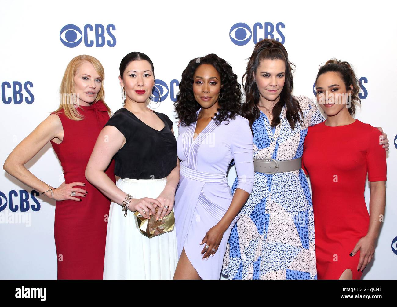 Marg Helgenberger, Ruthie Ann Miles, Simone Missick, Lindsay Mendez & Jessica Camacho attending the CBS 2019 Upfront held at Todd English Food Hall Stock Photo