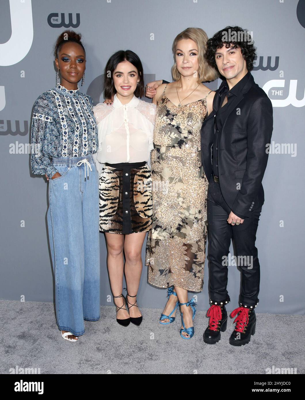 Ashleigh Murra, Lucy Hale, Julia Chan & Jonny Beauchamp attending The CW Network 2019 Upfront held at New York City Center on May 16, 2019 in New York City, USA. Stock Photo