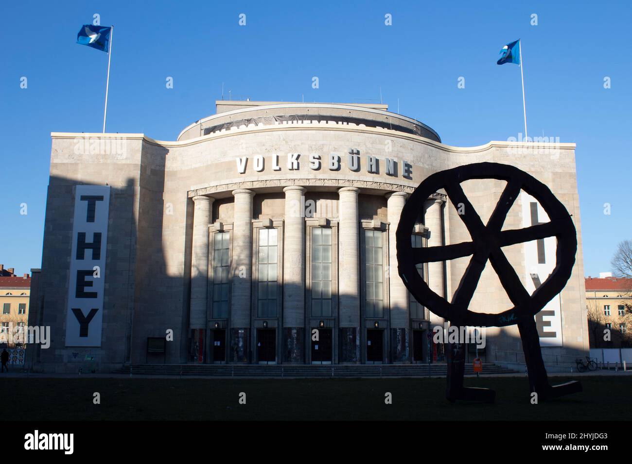 Volksbühne am Rosa Luxemburg Platz with Volksbühne symbol RosaLuxemburg Platz, Mitte Berlin