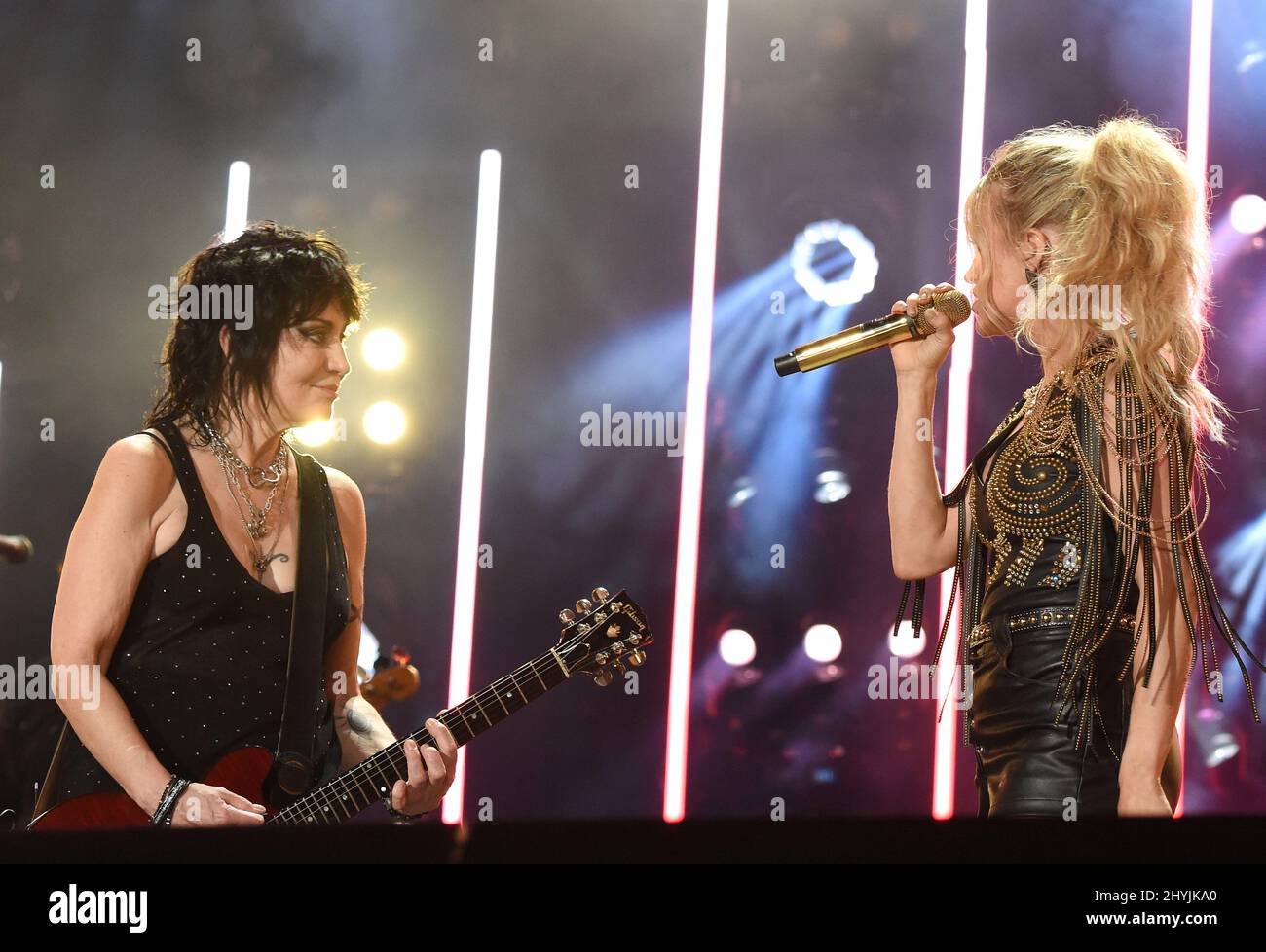 Carrie Underwood and Joan Jett onstage at the 2019 CMA Fest held at Nissan Stadium on June 7, 2019 in Nashville Stock Photo