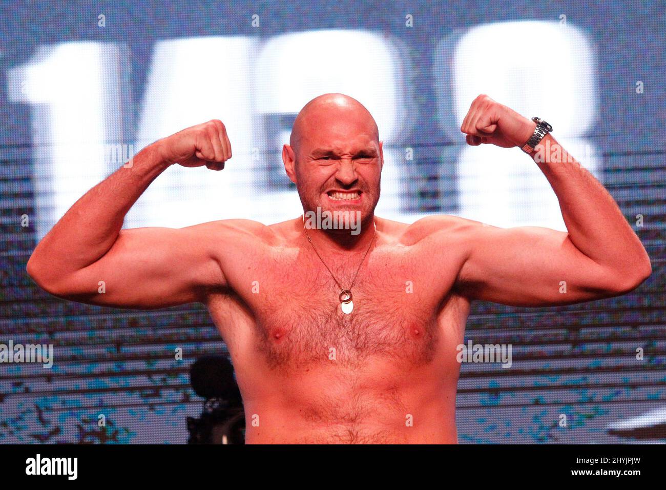 Tyson Fury during Tyson Fury vs Tom Schwarz Heavyweight fight Weigh-In, MGM Grand Garden Arena, MGM Grand Hotel & Casino Stock Photo
